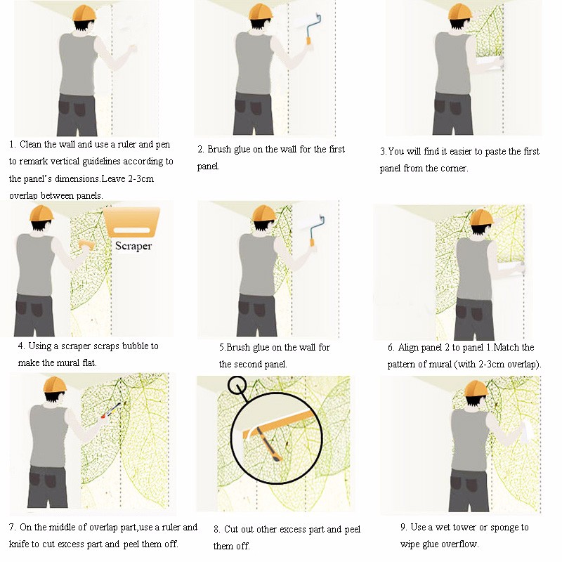 inimene paigaldab fototapeeti seinale, kasutades liimi ja kaabitsat