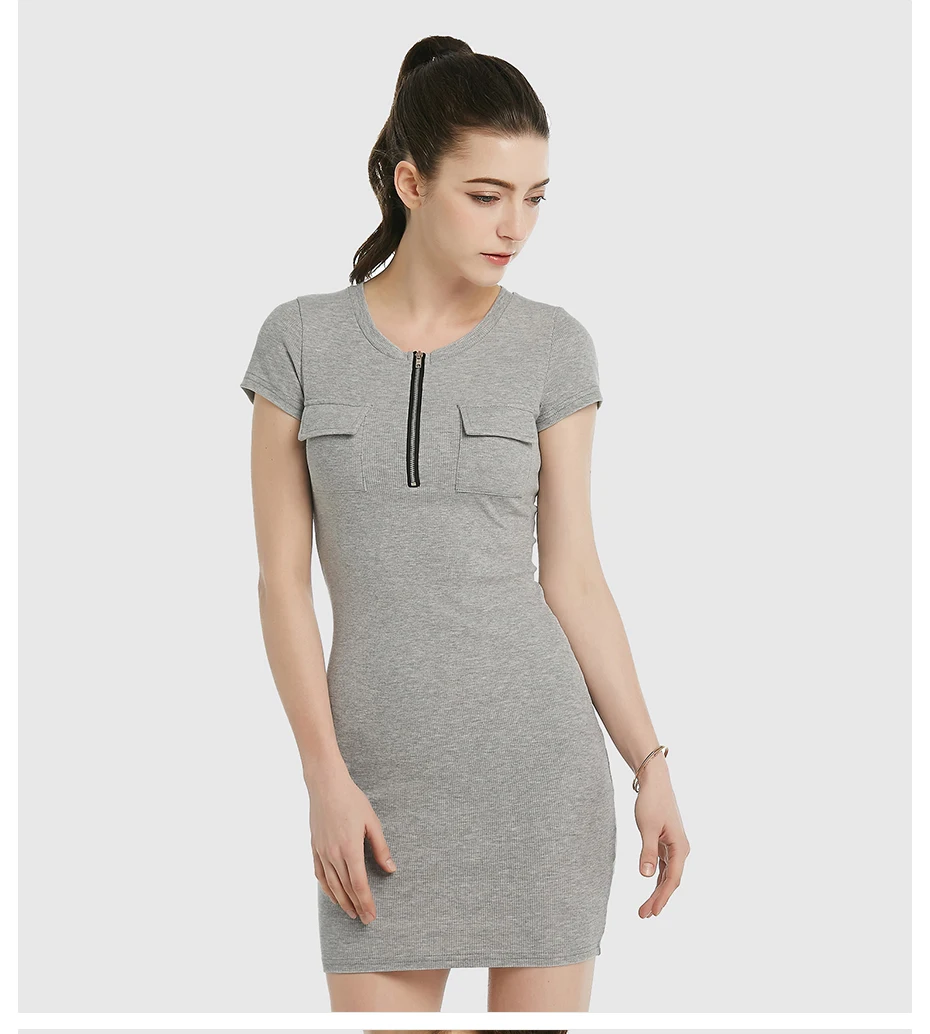 O-Neck Short Sleeves Soild Pockets Zipper Mini Dress - FashionandLove.com