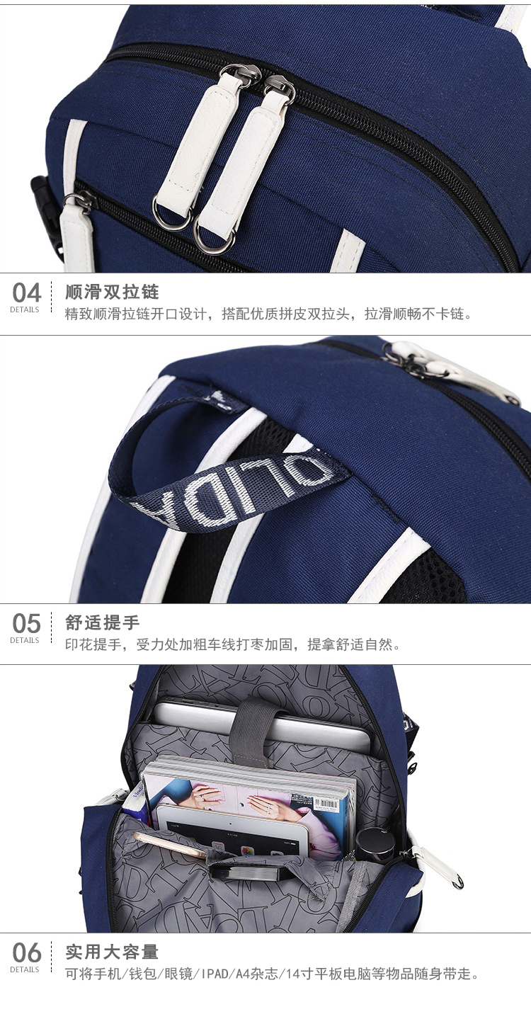 tumesinine seljakott valgete detailidega ja mitme taskuga