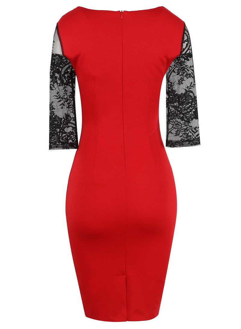 Lace Embroidery See Through Floral 3 Quarter Sleeve Bodycon Dress