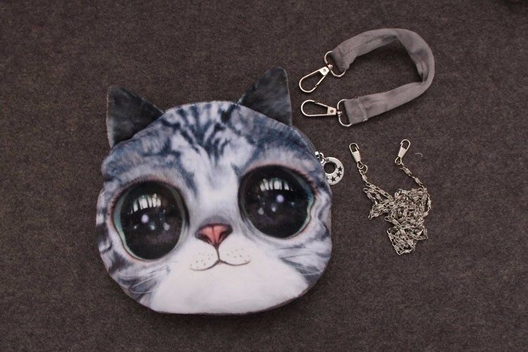 ümar õlakott suure kassi näoga, halli ja valge karvaga