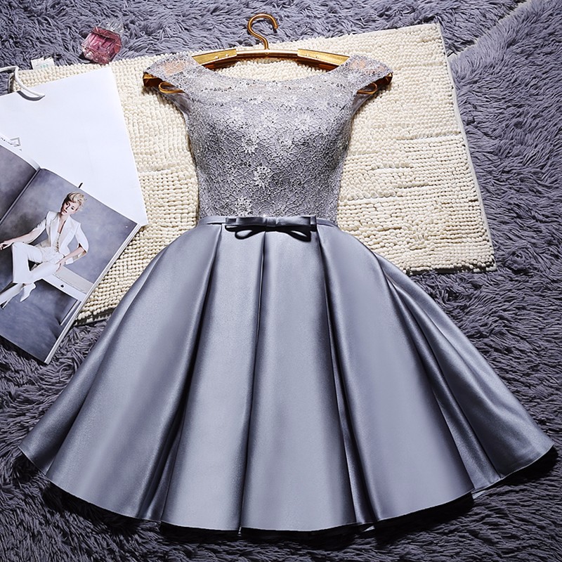 O-neck Lace Satin Short Off The Shoulder Bridesmaid Dress O-Neck Lace Satin Short Off the Shoulder Bridesmaid Dress 4