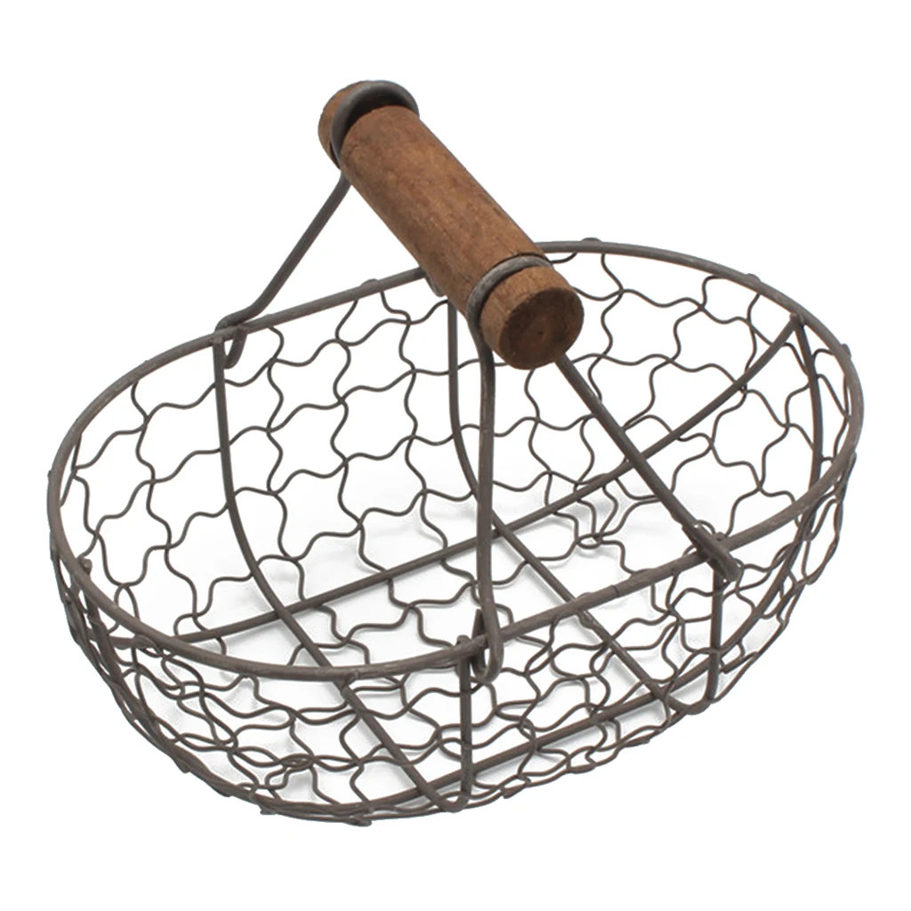 Wooden Handle Metal Retro Basket Portable Vegetable Fruit Egg Storage Basket