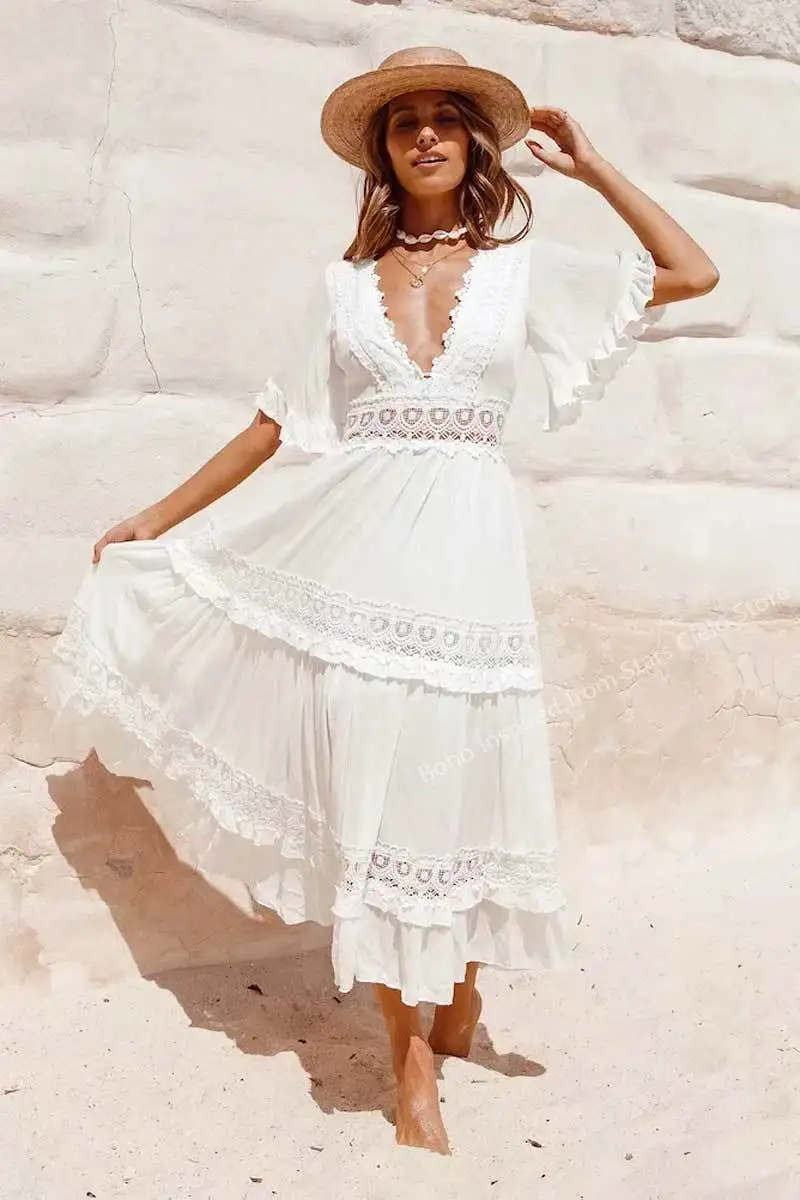 Платье женское в ковбойском стиле, Белое Платье макси с глубоким V-образным вырезом, оборками и расклешенными рукавами, шикарное летнее богемный Вдохновленный