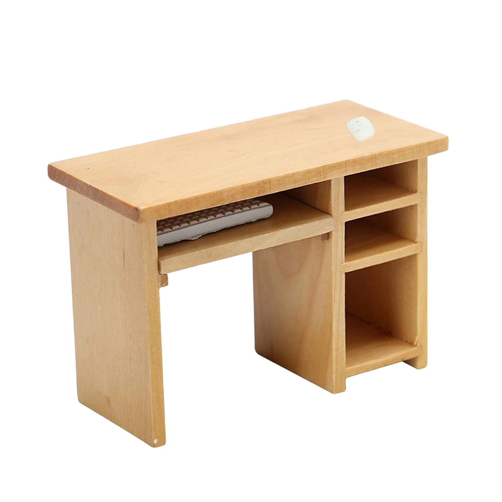 Cute Miniature Wooden Computer Desk with Mouse and Keyboard, 1:12 Scale Dollhouse Accessories Model
