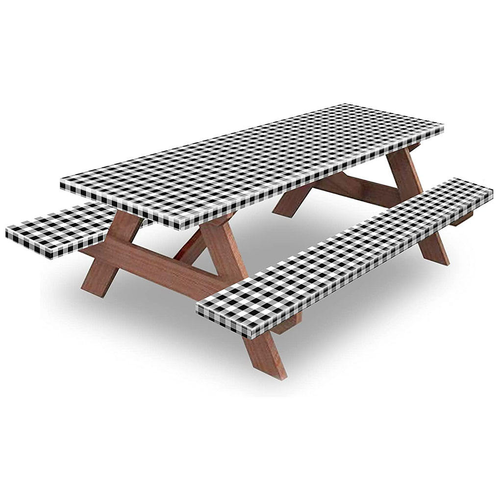 Picnic Table & Benches Cover with Flannel Backing Checkered Printed Fitted Tablecloth for Park Party