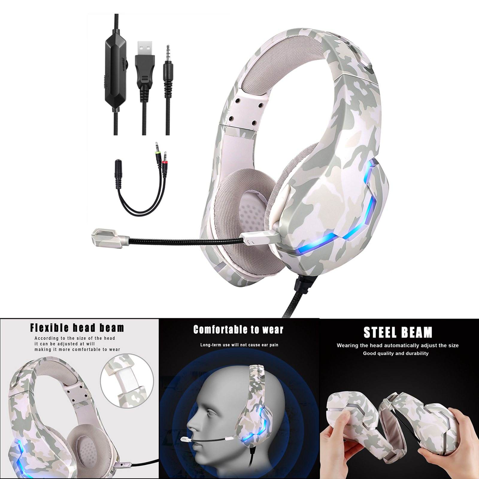 Gaming Headset 3.5mm Multi-Platform Comfortable Bass Over-Ear RGB Lamp J10 Soft Earmuffs Wired Headphone for Music Smartphones