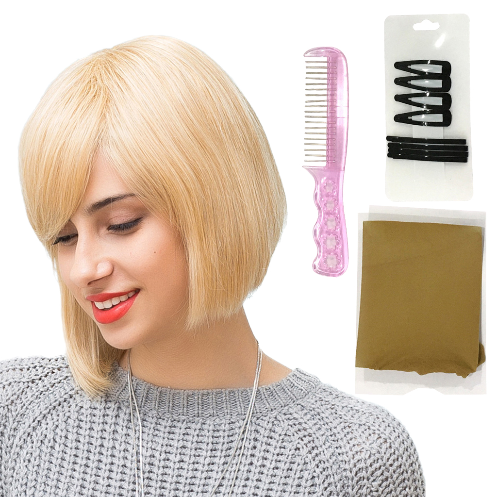 Blonde Side Part Women Short Straight Bob Wig with Bangs Human Hair Wig 14''