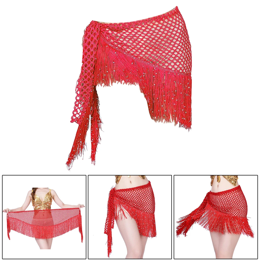 Women Mesh Dangling Belly Dance Hip Skirt Scarf Tassels Bling Sequins Wrap Belt Bellydance Practice