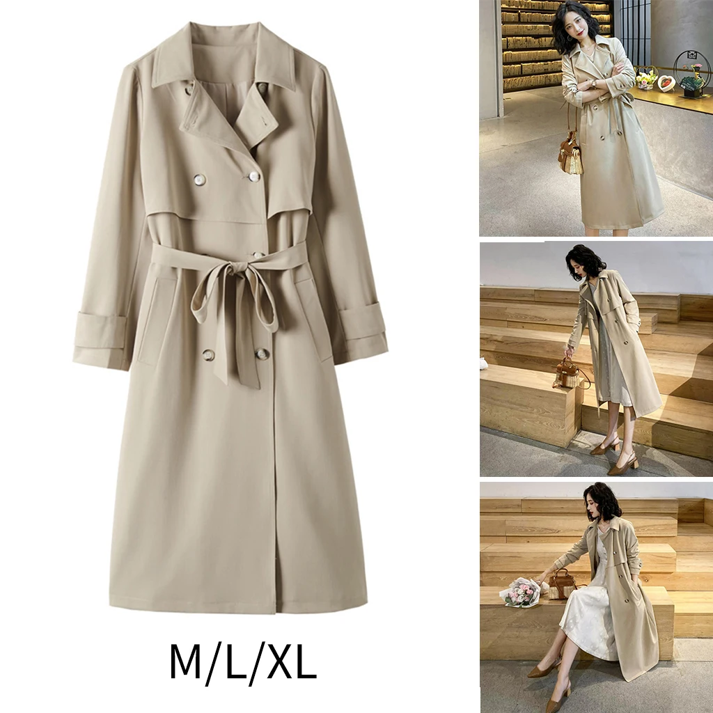 Women`S Double-Breasted Trench Coat Slim Regular Self Tie Sleeve Belt Jacket Lapel Overcoat