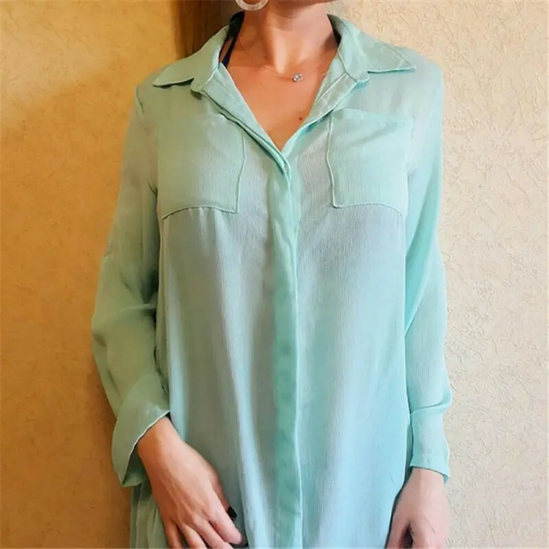 sexy bathing suit cover ups Summer Beach Thin Cover Ups Solid Color Long Shirt Long Sleeve Lapel Buttons Down See Through Casual Swimsuit Cover-Ups long beach dresses