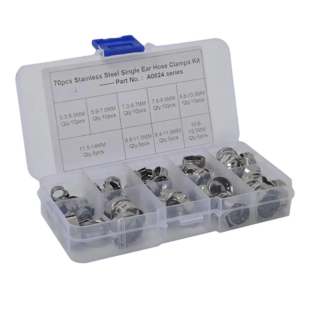 70 Pieces 5.3-14.0mm Anti-Corrosion Single Ear Plus Fuel Air Hydraulic Hose Clamps Pipe O-Clips 304 Stainless Steel