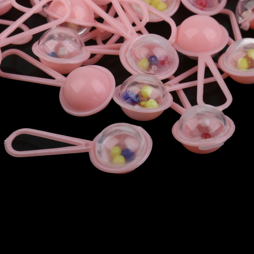 50pcs Mini Rattles 50pcs Safety Pins 50pcs Pacifier Charms Girl Baby Shower Favors Party Game Table Decoration Pink
