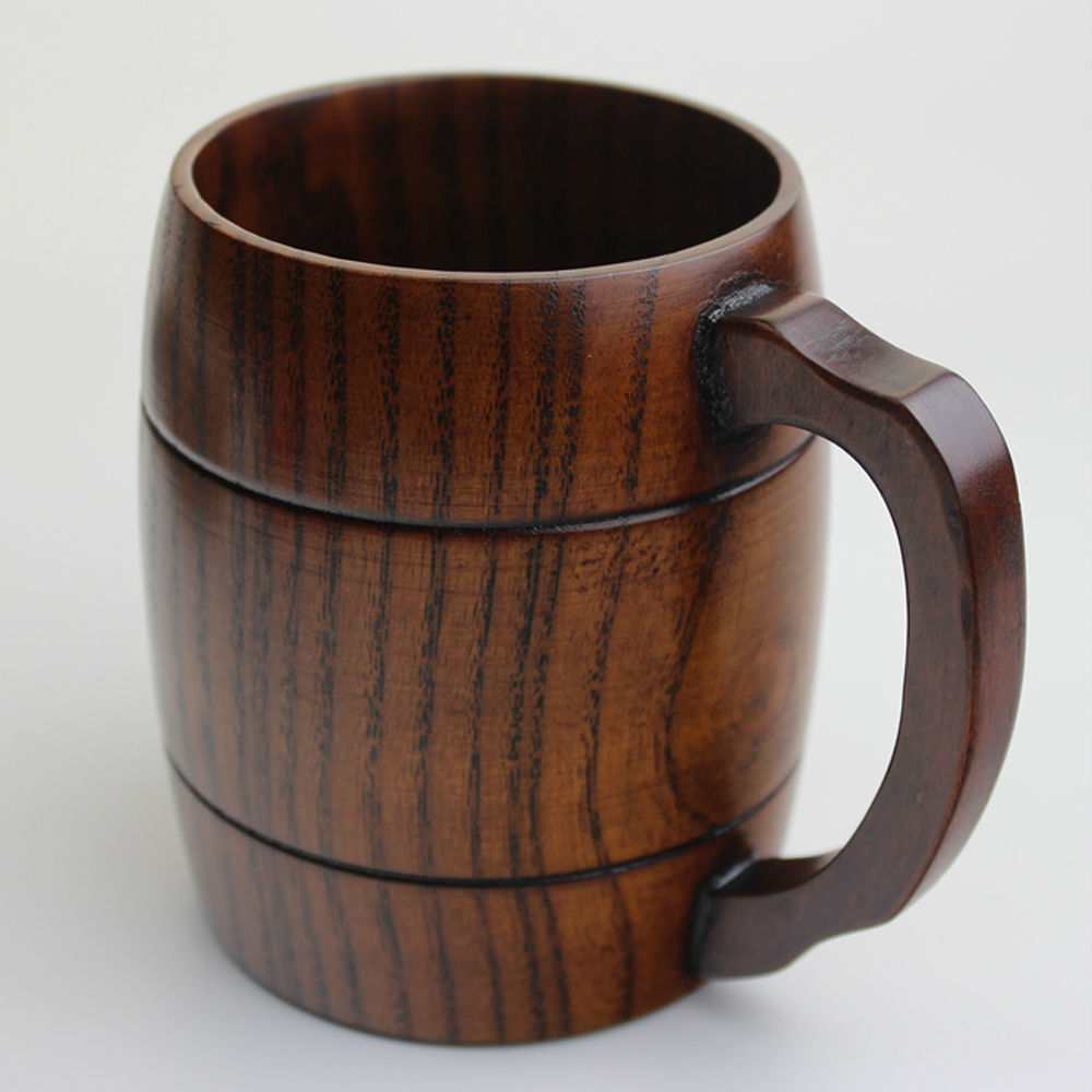 Natural Wooden Beer Mug, Vintage Beer Coffee Cup with Handle for Home Kitchen Bar