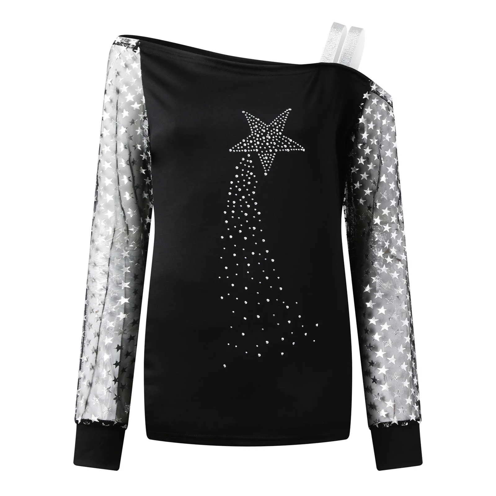 Fashion Sexy Printed T-shirt Women Long Sleeves Cat Print Off-the-shoulder Pullover Casual Loose Shiny Sequin Blouse Tunic Tops vintage graphic tees