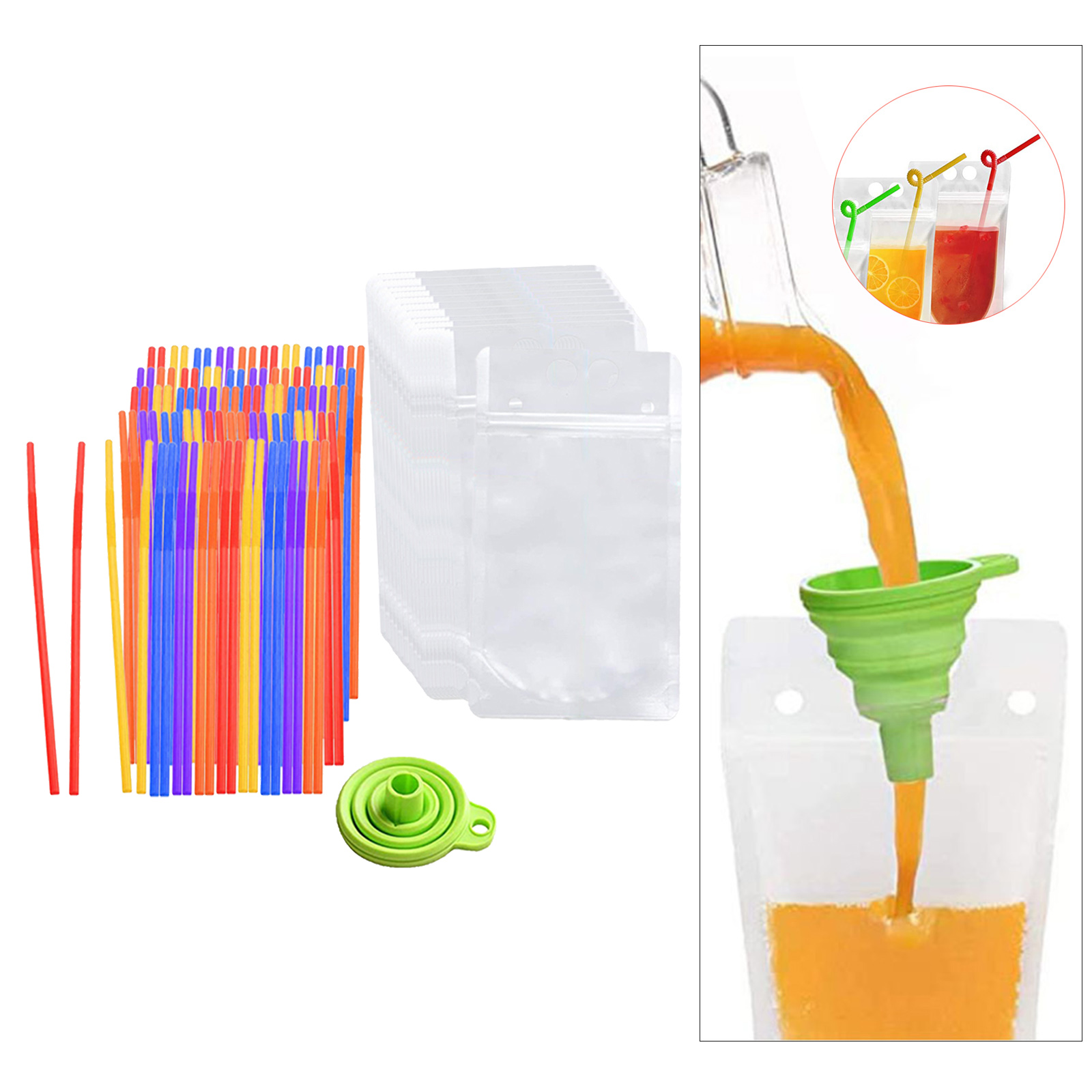 100 Pieces Disposable Drink Pouches No Leak Plastic Liquor Smoothie Juice Bags 500ml with Drinks Straws and Funnel