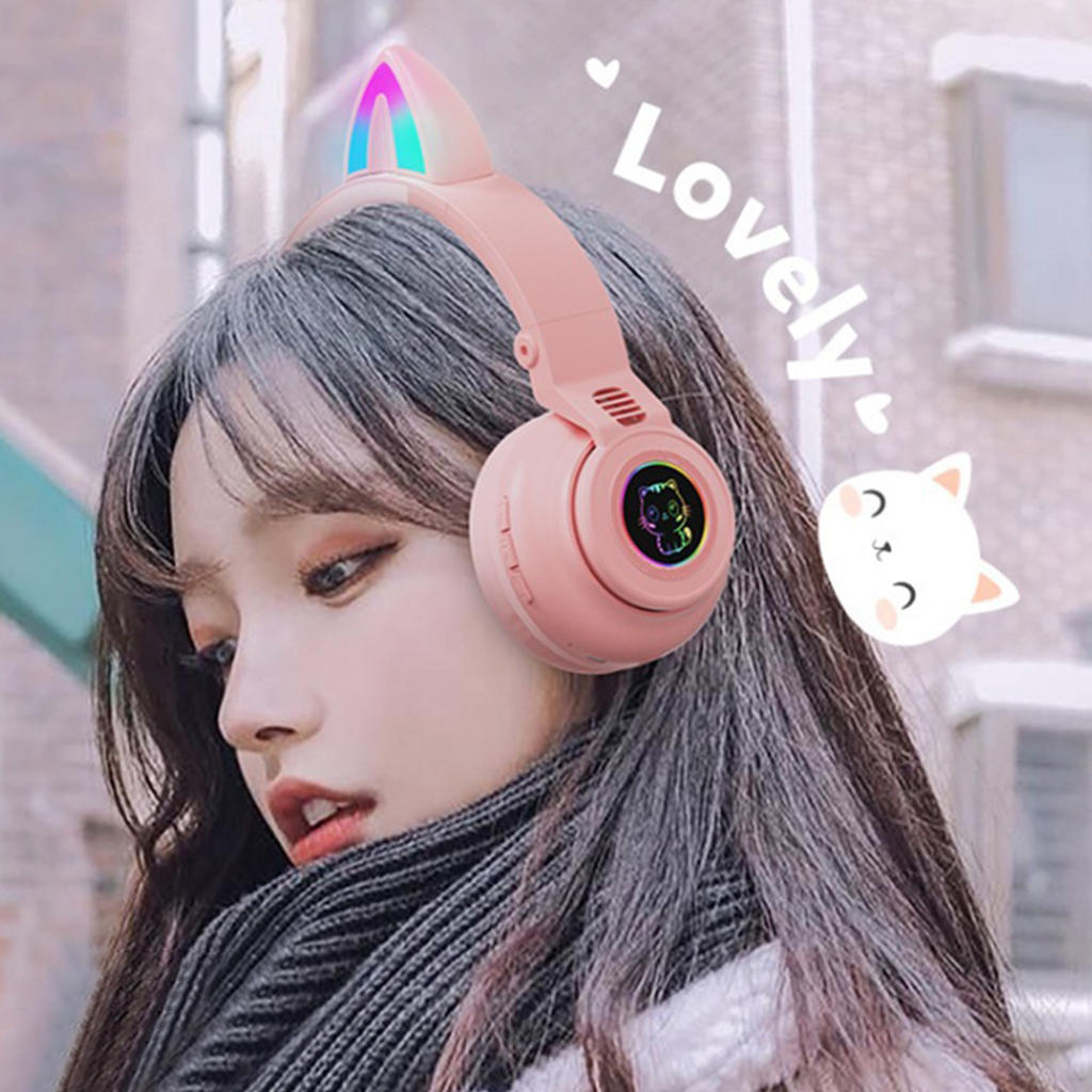 RGB Cat Ear Headphones Bluetooth Earphones LED Light Lightweight Adults Kid Girl Headset for PC Games Online Teaching