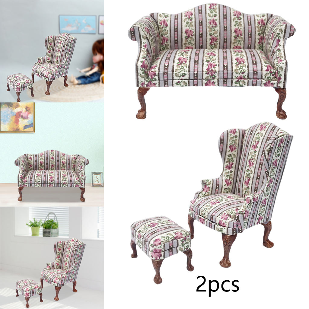 5 Dollhouse Sofa 1/12 Scale Furnish Floral Pattern Wooden Armchair Low Stool