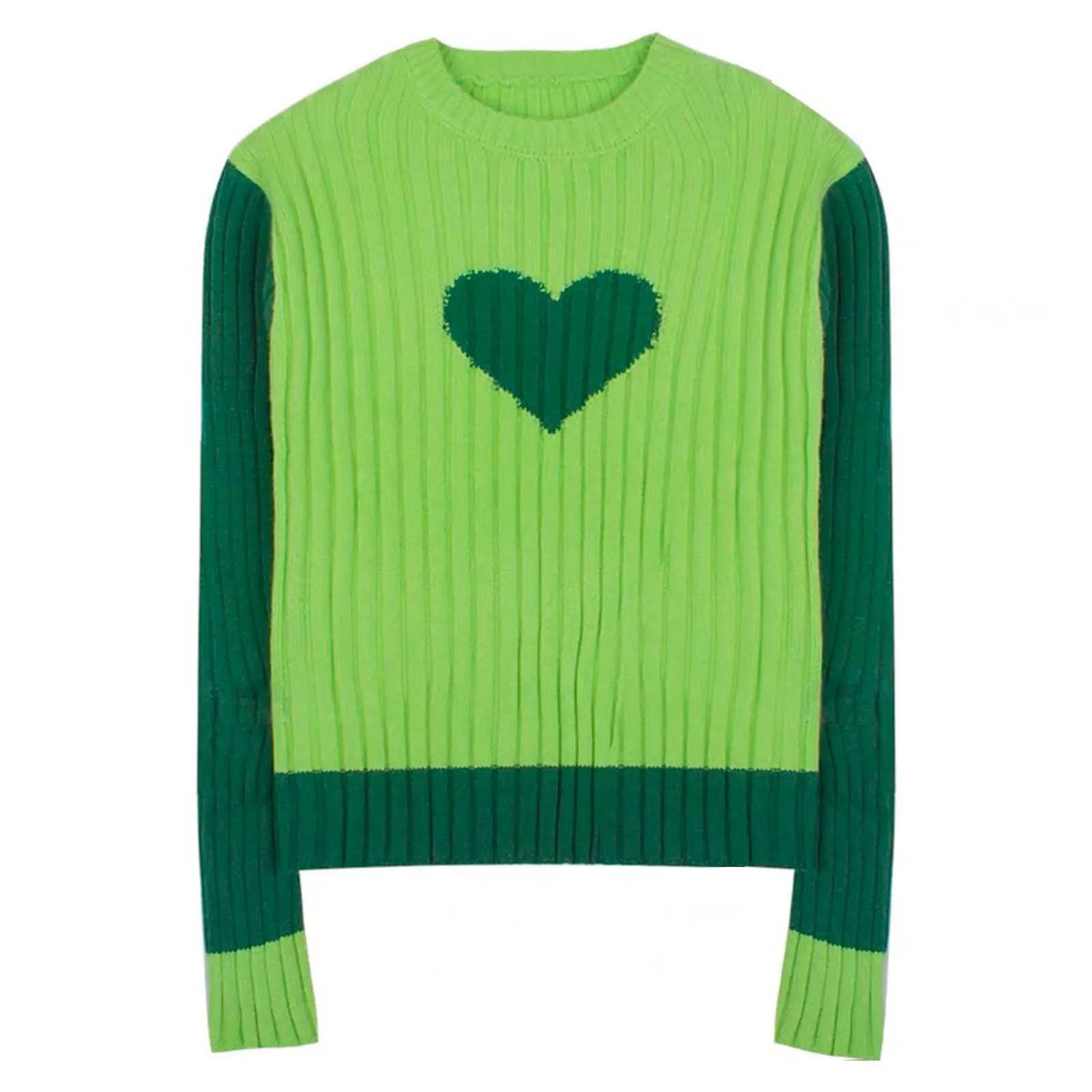 Women Y2K Cute Heart Print Sweaters Contrast Color Round Neck Long Sleeve Loose Pullovers 2000s Aesthetics Kawaii Knitwear