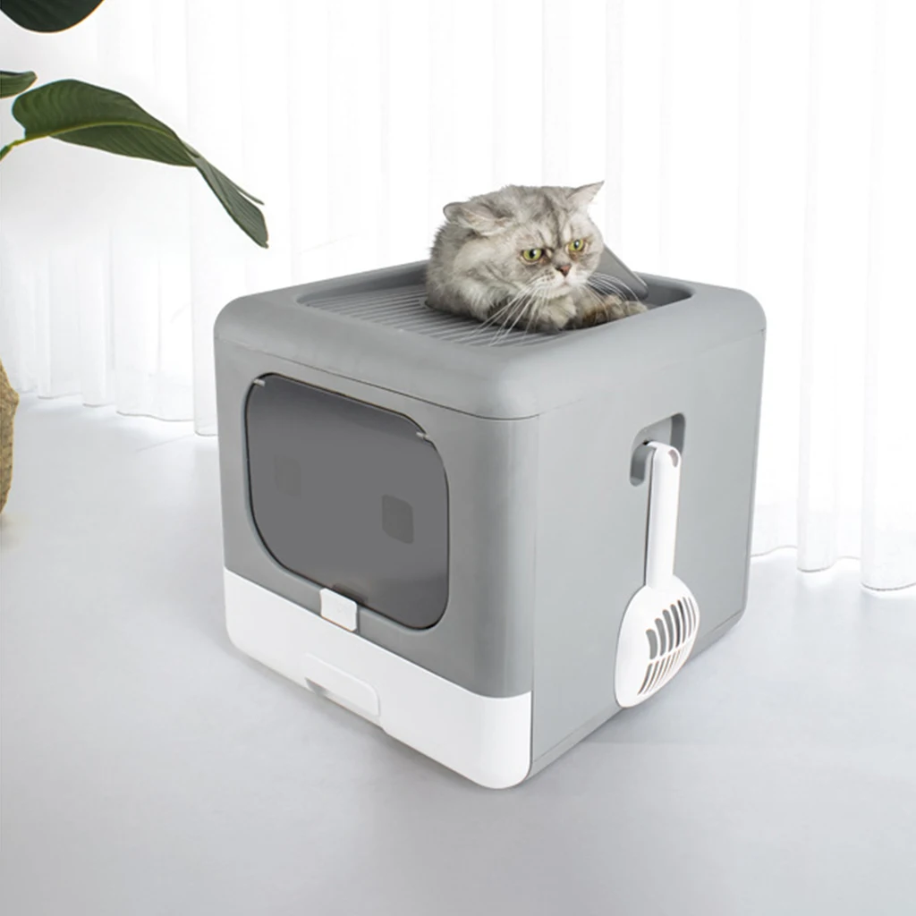Hooded Cat Litter Box, Folding Cats Litter Tray Pan with Lid, Litter Scoop Shovel, Traveling Car Carrying Cat Toilet Potty