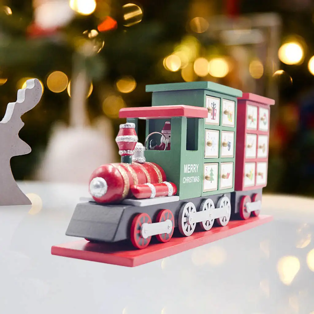 Haptian Countdown Calendar Train Wooden Christmas Advent Painted Candy Storage Home Table Decoration 