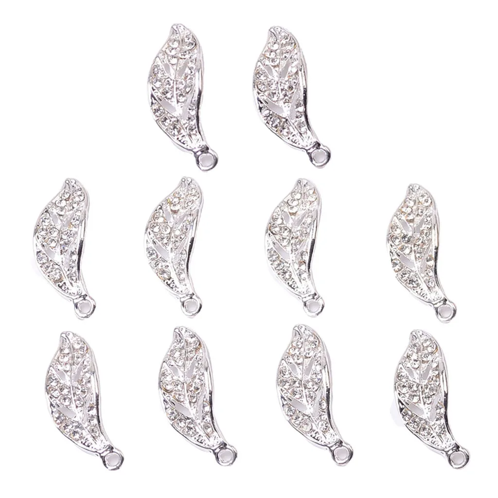 10Pc Crystal Rhinestone Hollow Leaves Charms Pendants for DIY Necklace Bracelets