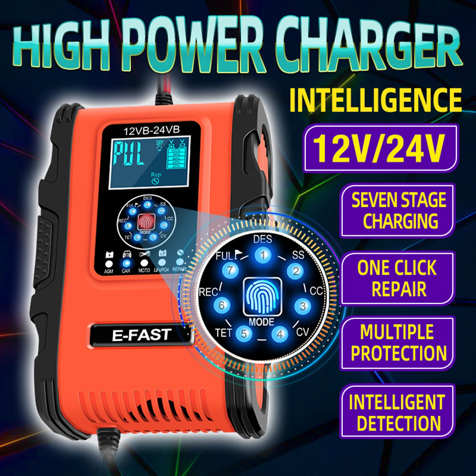 Car Battery Charger 12V 12A 24V 6A 100-240V AC Pulse Repair Fast Power Automatic Charging with Cable Clamps LCD Display