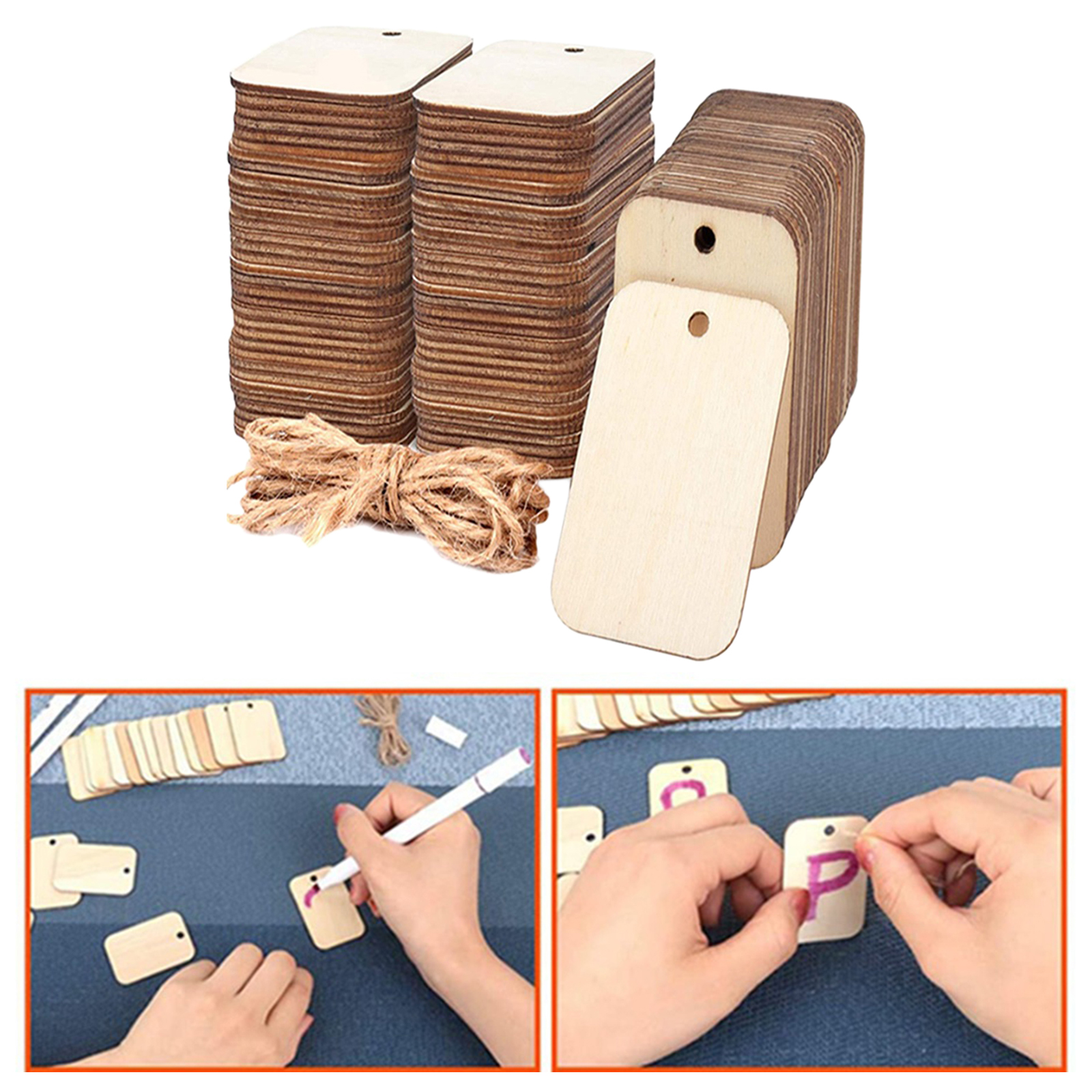 100Pcs Wood Pendant Decors Craft Natural Wooden Board with Holes Unfinished Wood Pendant for DIY Birthday Party Holiday