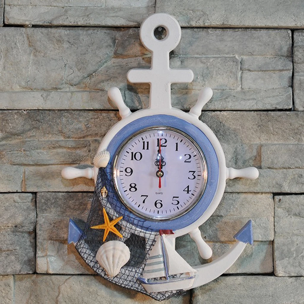 Wakauto Boat Anchor Wall Clock Mediterranean Style Nautical Ship Rudder Clock Seaside Beach Hanging Ornament for Bedroom Living Room Sailboat 