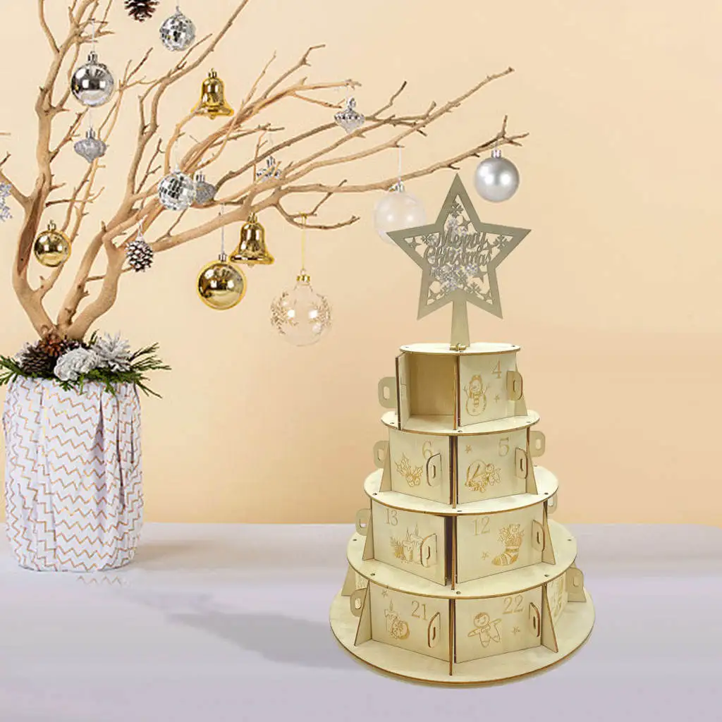 Wooden Advent Calendar Christmas Party Decor 24 Drawers Cake Shape