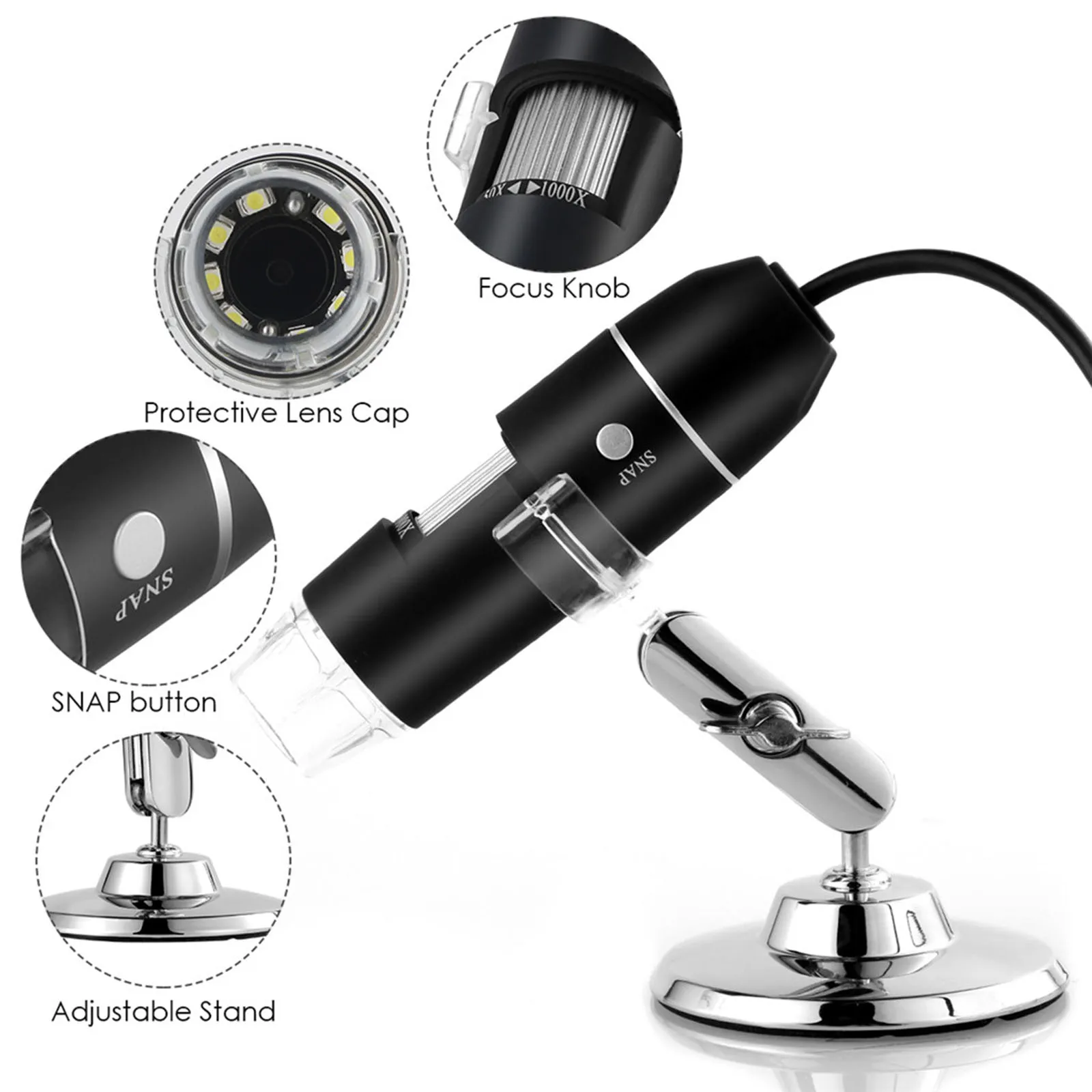 1000x 3 in 1 Magnification Microscope Handheld Monocular Endoscope with 8 LED Inspection Magnifier Mini Camera with Metal Stand