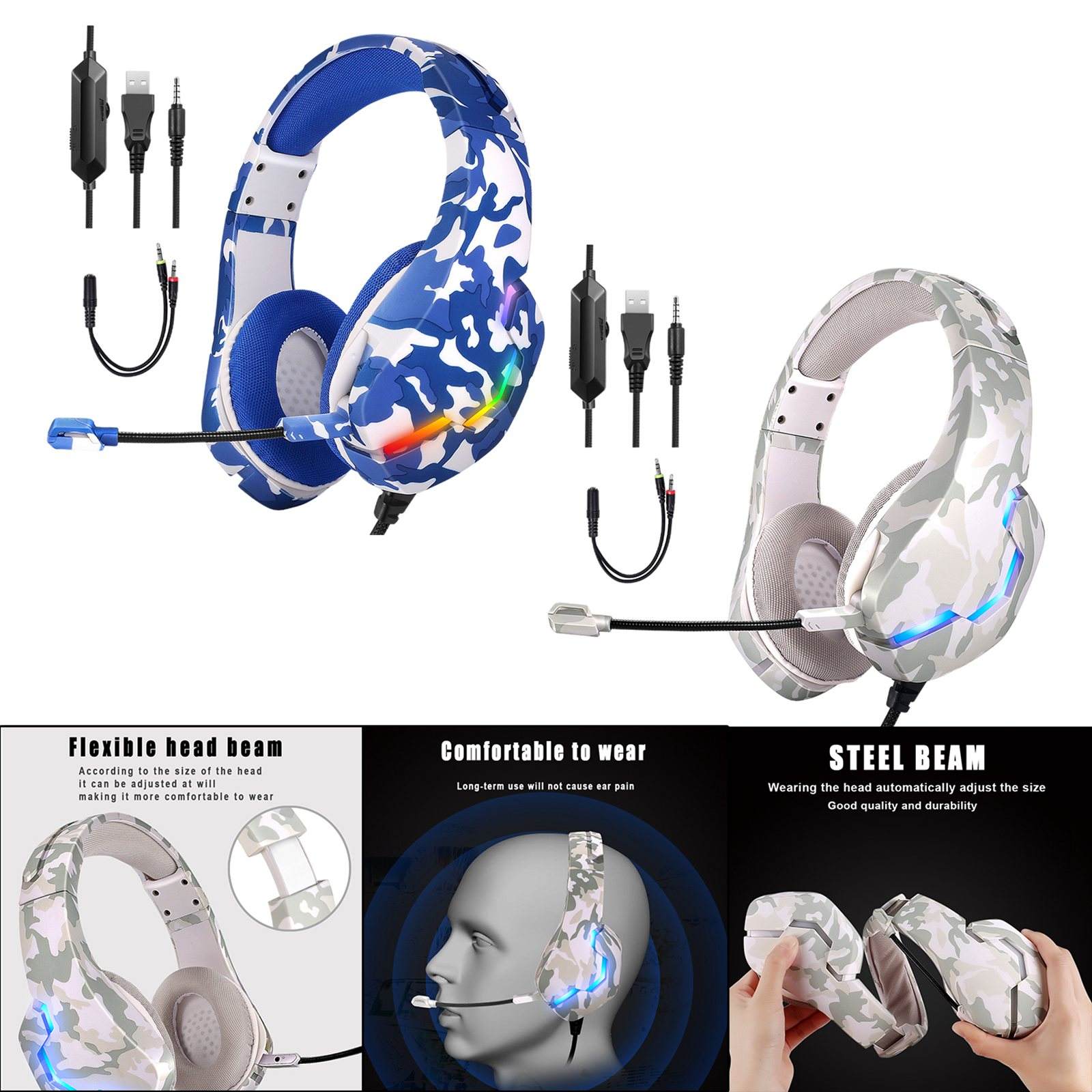 Gaming Headset 3.5mm Multi-Platform Comfortable Bass Over-Ear RGB Lamp J10 Soft Earmuffs Wired Headphone for Music Smartphones