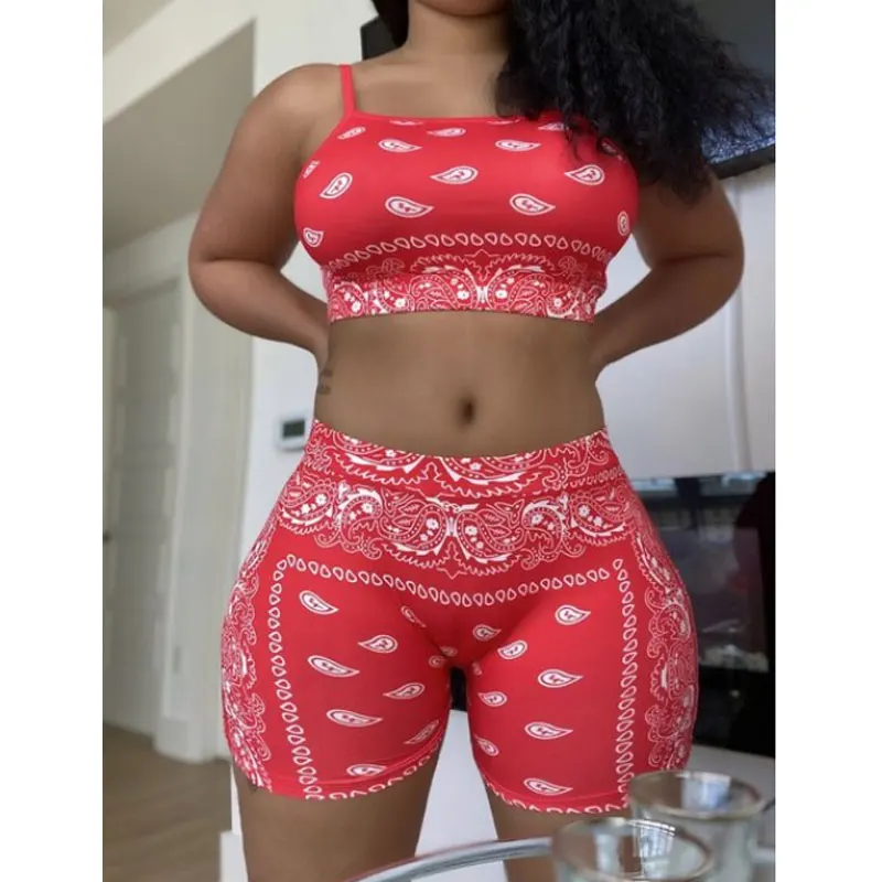 special occasion pant suits 2021 Graphic Bandana 2 Piece Tracksuit Set Women Printed Casual Sport Cute Sexy Club Outfits for Women Matching Sets Top Sets short suit set
