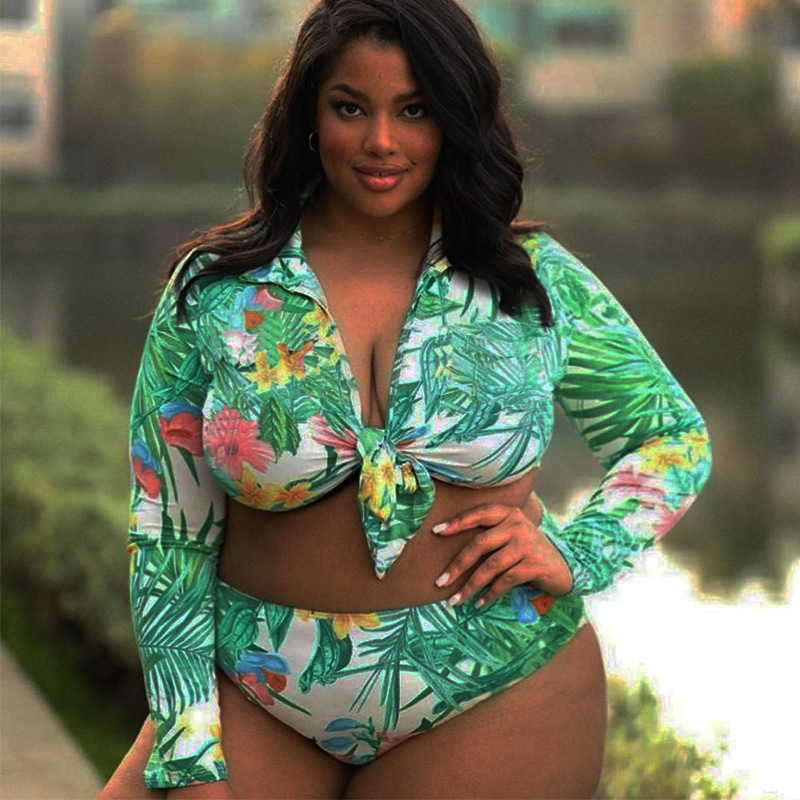 Maiô de Duas Peças de Banho Tamanho Grande Feminino Folha Impressão Monokini Cintura Alta Maiô 2021 Verão Manga Longa Beachwear S-5xl 12 Conjunto biquíni