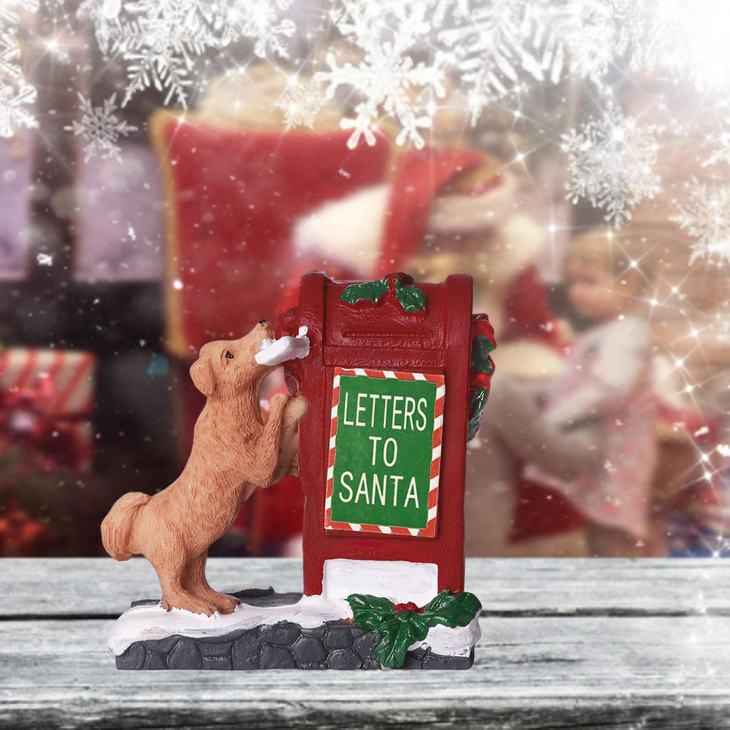 Christmas Statue Figurine Cute Doggy Letter Santa's Mailbox Sculpture Art for Table Bedroom Living Room Home Decor Office