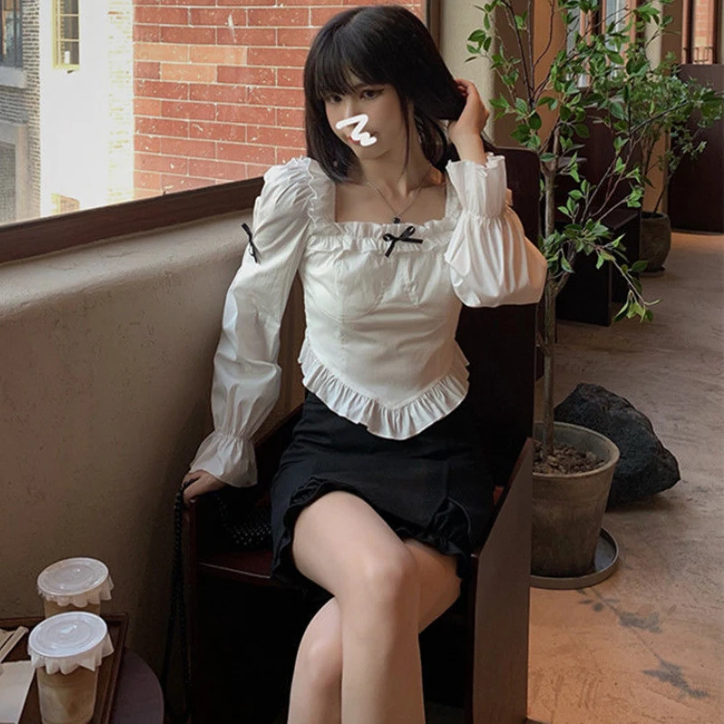 blusas femininas arco manga longa babados estilo coreano meninas streetwear chique cropped topos gola quadrada camisas finas mujer camisas