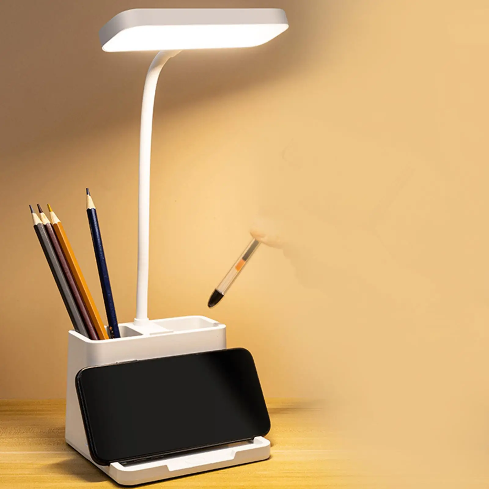 LED Desk Lamp, W/ Double Pen Holder & up Down Phone Bracket, 360 Degree Flexible Gooseneck , Eye Caring Table Light for Kids