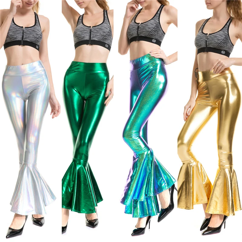 Women Shiny Metallic Flare Leggings Slim High Waist Vintage Disco Style Bell Bottoms Trousers leggings