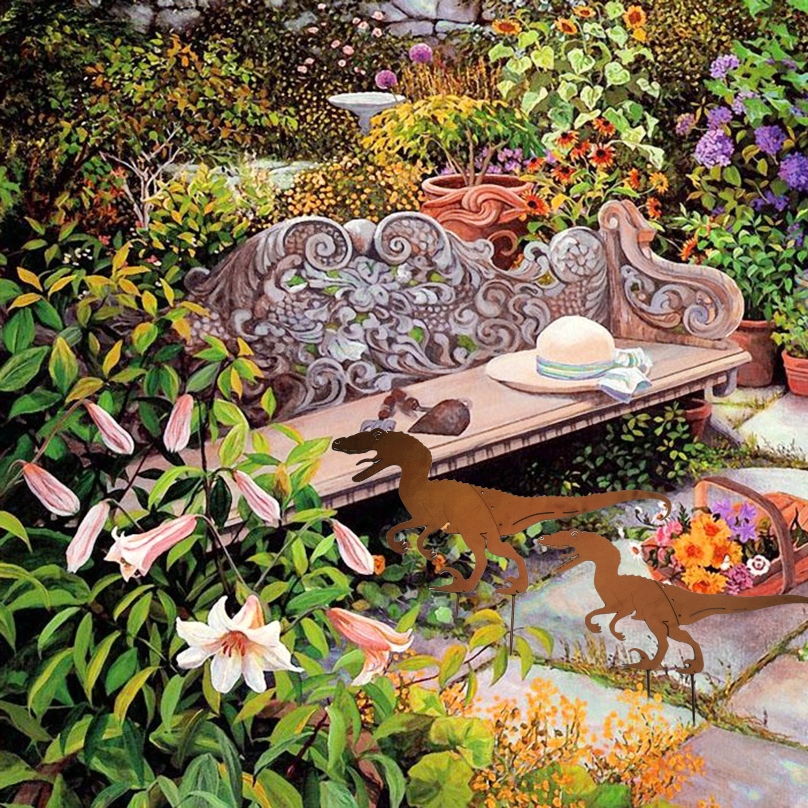 Dinosaur Silhouette Metal Garden Stake Garden Art Lawn Ornaments 2 Piece Set