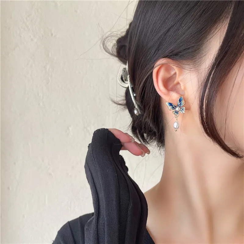 Enamel Blue Butterfly Pearl Clip on Earrings Female Exquisite Small Super Fairy Girl Butterfly Earrings Ear Clip No Piercing