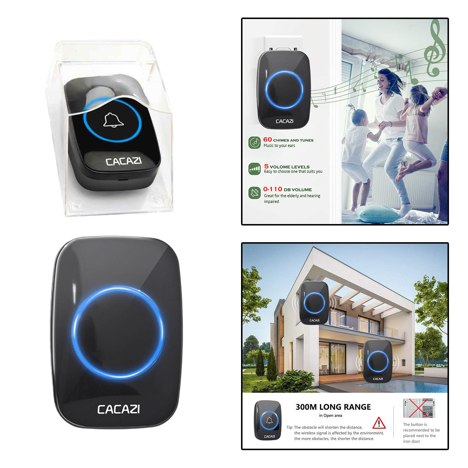 Wireless Doorbell, A10 Waterproof Door Chime Kit with, 5 Volume Levels 60 Chimes 300M Range for Home Office Apartments UK plug