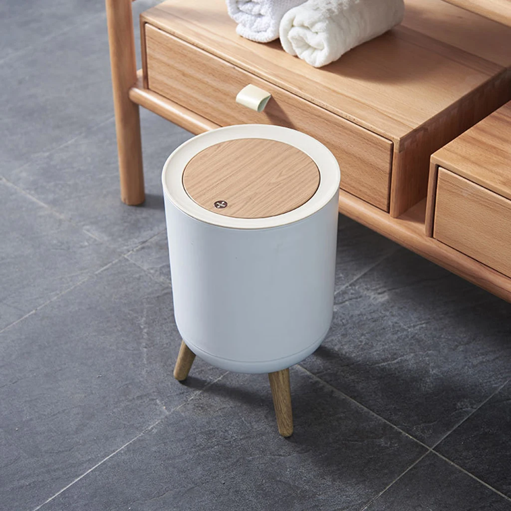 Nordic Style Garbage Container Trash Can Press Lid Bathroom Powder Room Bedroom Toilet Office Countertop Imitation Wood Grain