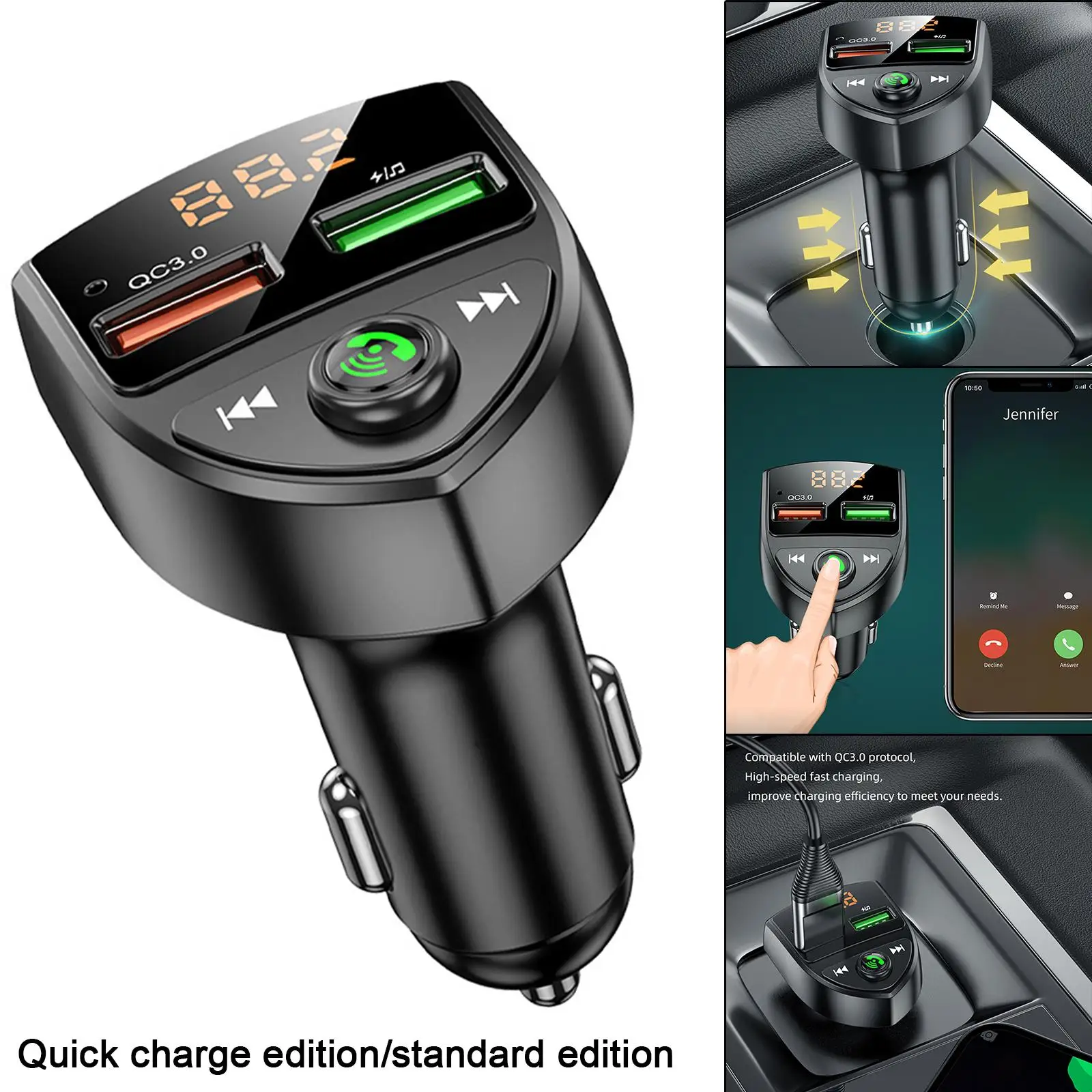 Bluetooth Wireless FM Transmitter USB QC3.0 Fast Charge PD20W Car Audio Adapter U Disk Playback Handsfree Call Support TF Card