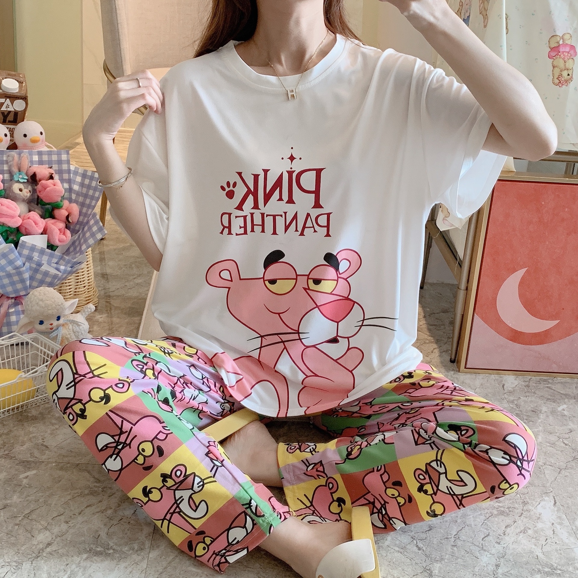 Calças de Manga Serviço de Casa Original Disney Minnie Mickey Pato Donald Daisy Curta Pijamas Feminino Solto Terno 7 Original disney minnie mickey pato donald daisy