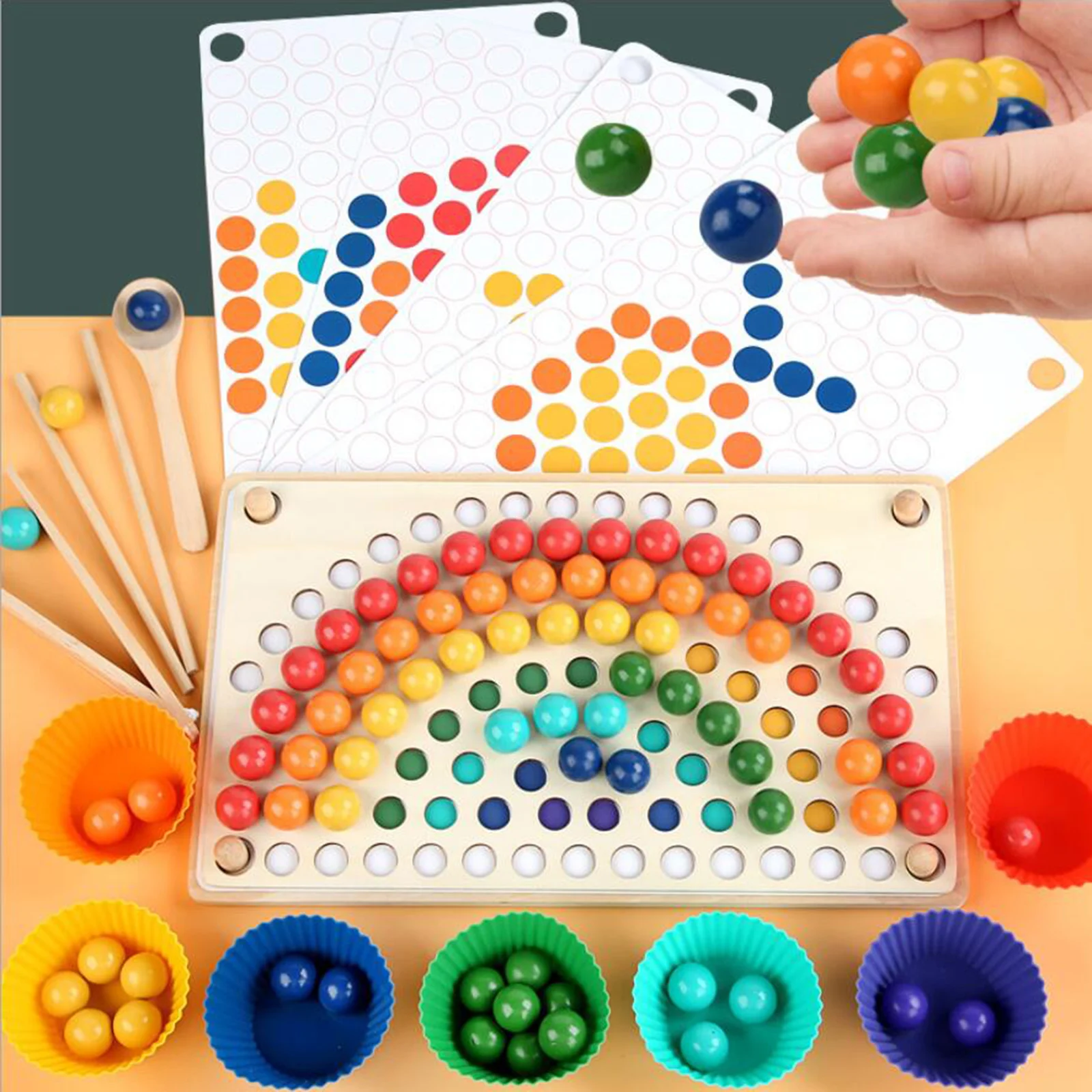 Wooden Clip Beads Rainbow Toy Go Games Set Beads Board Games Toy Clip Beads Puzzle Montessori Educational Toys