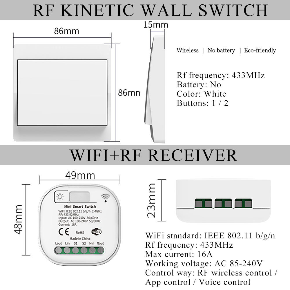 interruptor de luz inteligente rf interruptor de parede cinético de controle remoto sem fio sem necessidade de módulo de temporizador de vida inteligente alexa interruptor para tuya