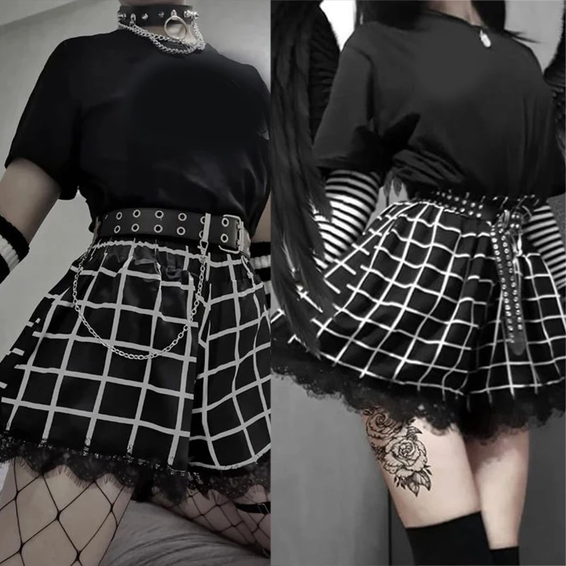 under armour shorts Women Goth Punk Elastic High Waist Wide Leg Shorts Skirt Harajuku Halloween Spider Web Plaid Eyelash Lace Trim Pants L5YB paperbag shorts