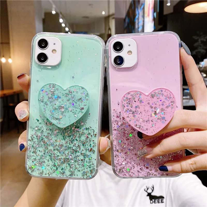 Glitter Star Bling Case For OPPO A15 A72 A53 A5 2020 Reno 4 2 2Z Realme 7 6 5 Pro X2 C3 Clear Back With Heart Stand Holder Cover a cases for oppo phones
