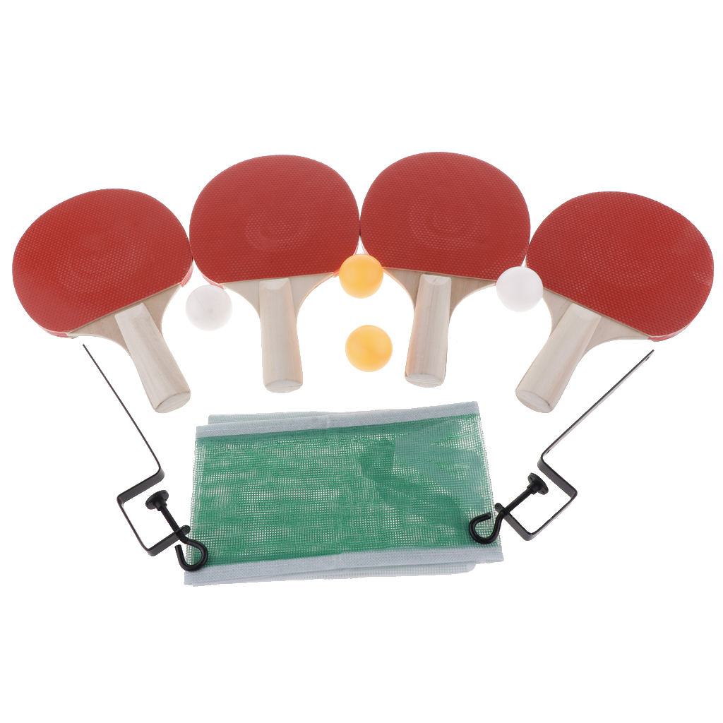 4pcs Table Tennis  Pong Racket White/Colorful Handle Bat Balls Net Set