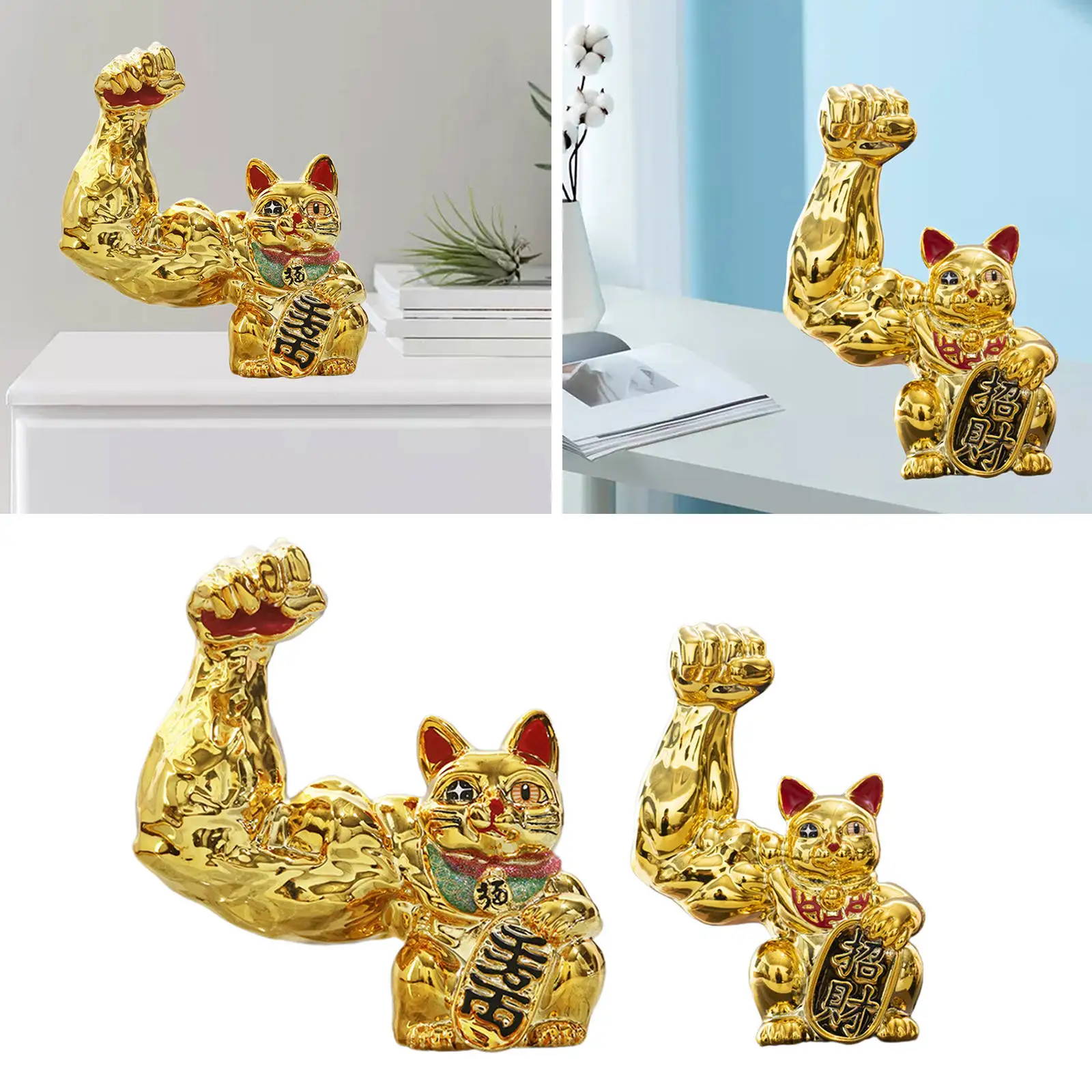 Golden Lucky Cat Figure Desktop Animal Cat Figure Collectible Feng Shui Good Fortune Office Home Tabletop Statue Ornament Decor